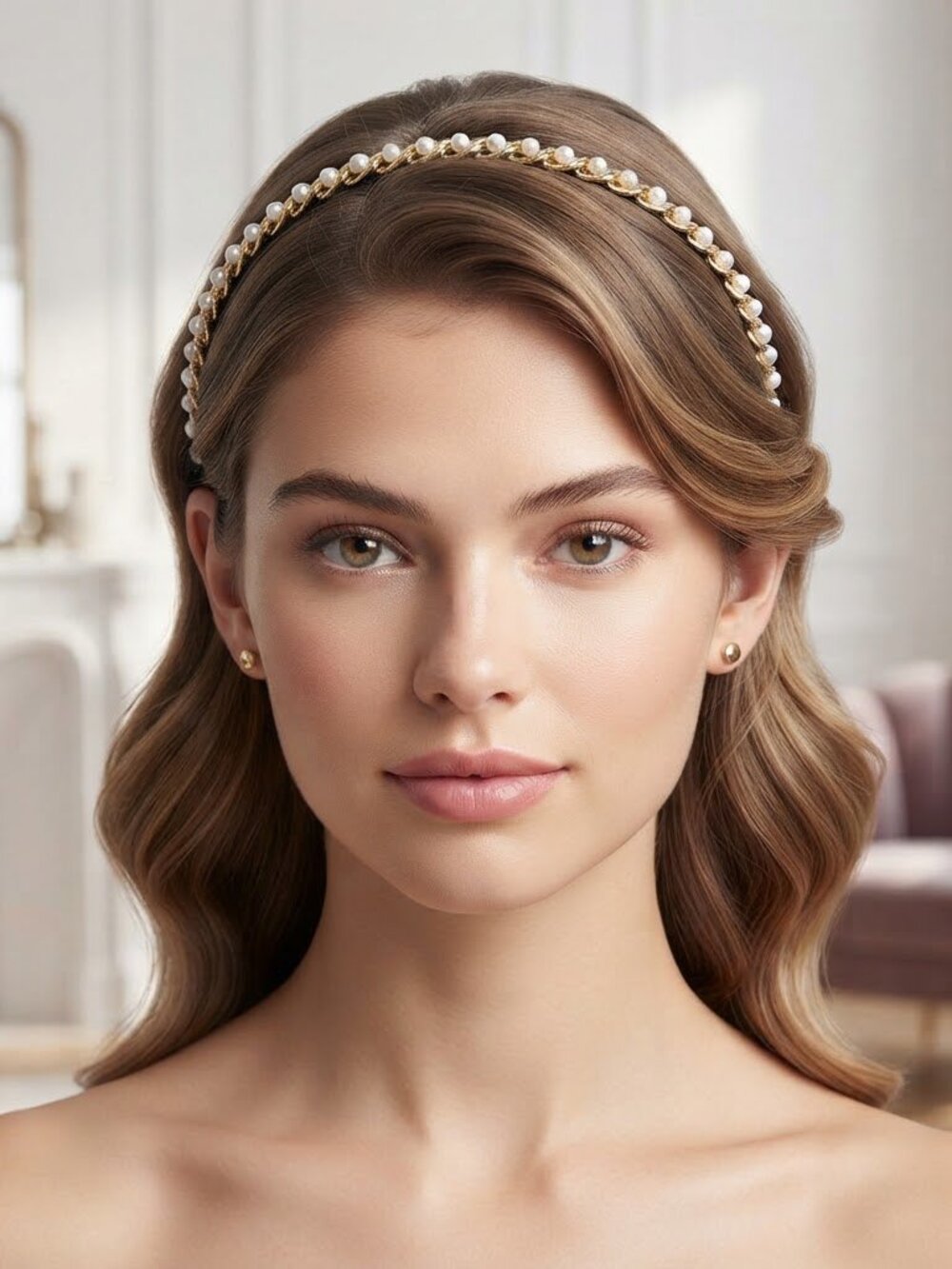 Gold Tone Chain Link Faux Pearl Slim Metal‎ Headband Hair Accessory White Gold